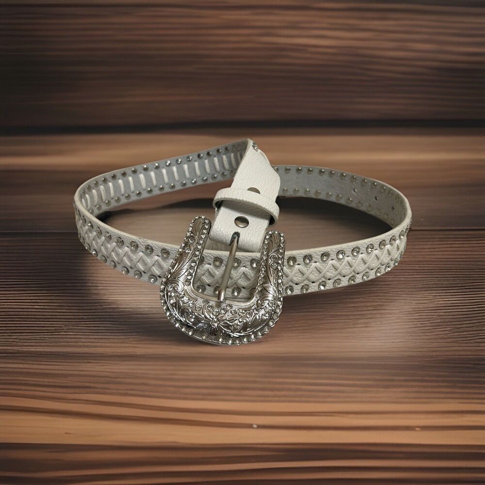BKE White Leather Rhinestone Western Studded Glitz Belt Womens Size Small S 6Z81 - Picture 2 of 6